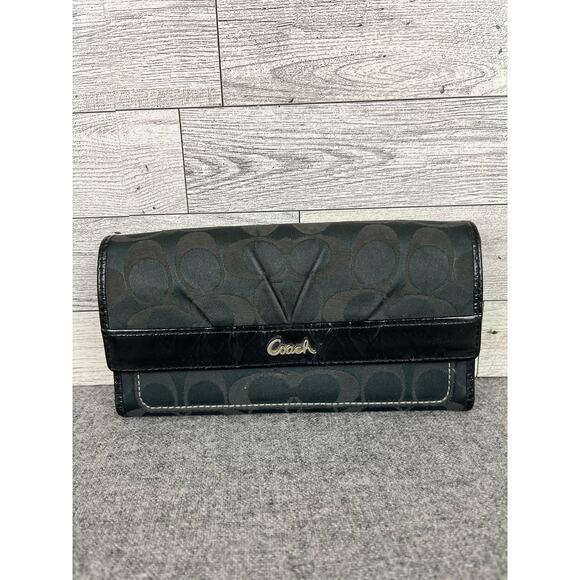 COACH ASHLEY WALLET Vintage Black Signature Trifold Snap Closure Organizer - Picture 1 of 11